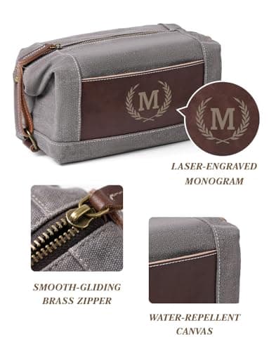 Aganmi Personalized Travel Toiletry Bag Canvas Leather Splicing Dopp Kit, Custom Laser Engraved Initials for Men Husband Father Graduation Groomsmen Gift, Shaving Organizer Pouch B — view 4