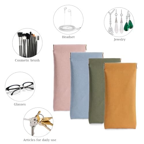 Soft Glasses Case 4 Pack, Portable Squeeze Top Leather Glasses Case for Protecting Glasses, Travel Eyeglass Sunglasses Case Water Proof Glasses Pouch Storage Bags Suitable for Women Men Students Kids — view 4