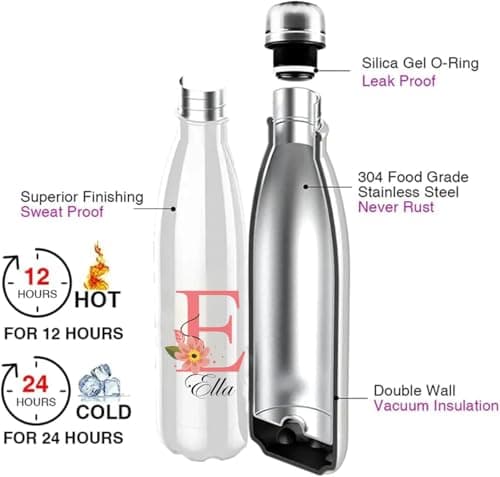 EKAM Personalised Stainless Steel Water Bottle - Customise with Any Name Any Initial - Thermal Vacuum Insulated Metal Water Bottle for 12 Hours Hot & 24 Hours Cold Drinks Flask 500ml - 17oz — view 4
