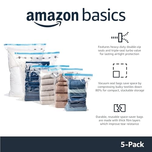 Amazon Basics Vacuum Compression Zipper Storage Bags with Airtight Valve and Hand Pump, Large, 5-Pack, Clear — view 2