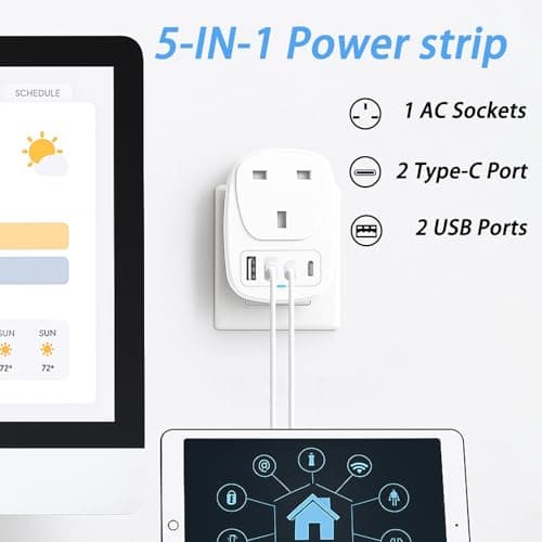 Hao Zhu UK to US Plug Adapter, USA Travel Adapter with 4 Ports & 20W PD Fast Charge, 5-in-1 UK to USA Plug Adaptor for Travel, Child Safety Shutters, White — view 3