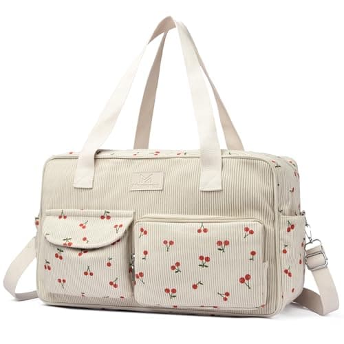 Micmores Ryanair Cabin Bags 40x20x25, Underseat Travel Duffle, Corduroy Aesthetic Weekender Sport Gym Tote Mum Hospital Bags for Women with Trolley Sleeve & Wet Pocket (Beige - Cherry Print)