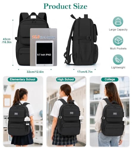 FIORETTO 25L School Bag for Girls & Teens, Womens Backpack Rucksack with Organized Pockets, Trolley Strap & Chest Buckle, Fits 15.6" Laptop, Ideal for School, Travel & Daily Use Black — view 5