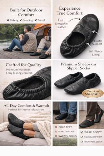 Genuine Sheepskin Leather Slip-On Socks for Men & Women – Fleece Lined House Socks, Soft Indoor Slippers for Yoga, Dance, Camping, Fishing & Travel (UK, Alpha, XXL,Black) — view 6