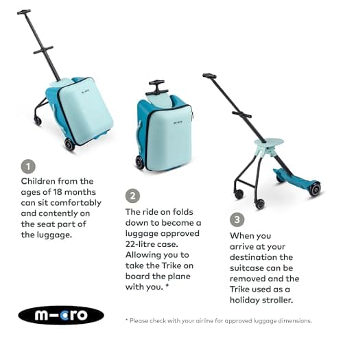 Micro | Suitcase Scooter | Eazy Ride On Trike Suitcase for Kids | Toddler Flight Essential | Foldable & Lightweight | Holiday Stroller | 18 months+ | Blue — view 3