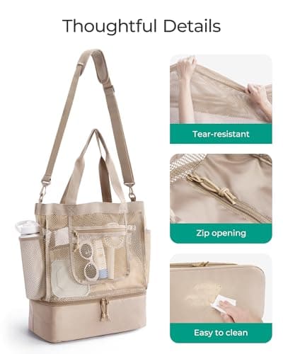 bagsmart Women Beach Bag with Cooler, 40L Mesh Tote Bag Sandproof Foldable Vacation Essential for Pool Travel Swimming Holiday — view 5