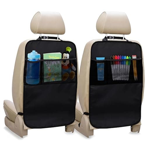 Car Back Seat Protector, 2 Pack Car Seat Kick Mats & Protector, Waterproof Seat Back Protectors with 3 Storage Pockets, Anti-Kick Scratch & Stain Resistant, 70 x 50cm (Black)