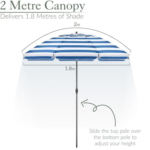 CHRISTOW Portable Beach Parasol with Bag, 2m, Blue & White Stripes — view 3