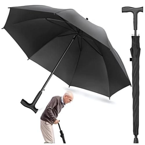 RAHAIM 2-In-1 Walking Stick Umbrella Windproof Cane Umbrella with Heavy-Duty Frame Lightweight Sunshade for Men & Women Ideal for Hiking Climbing Outdoor Use Black