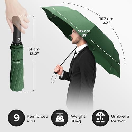 Umbrella Windproof Compact - Strong Storm Proof Frame + Auto Open Close | Women Mens Lightweight Small Travel Folding Golf Brolly + Double Canopy, Ergonomic Handle | Water Resistant Teflon Green — view 5