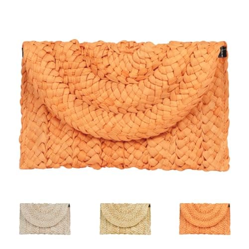 Paxory Straw Beach Clutch Bag for Women, Summer Boho Handmade Woven Beach Handbag, Casual Straw Clutch Bags for Summer Sandybeach Travel Holiday Vacation (Orange)