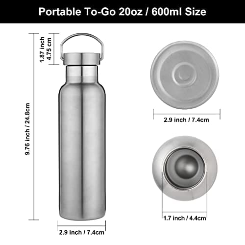 Volhoply Silver Stainless Steel Water Bottles,600 ML Vacuum Insulated Double Wall Travel Bottle with Leak Proof Lid of Handle,Metal Reusable Standard Mouth Flask for School,Hikers,Gift — view 2