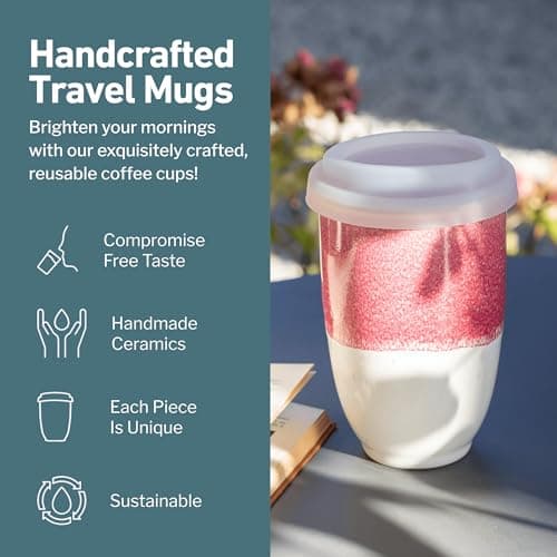 NOVA CERAMICS Travel Mugs - Ceramic Tumbler with Lid – Ceramic Travel Mug to Go Cup – Microwave & Dishwasher Safe Ceramic Coffee Tumbler - Gifts for Women Men Him Her – 355ml – Coral Pink — view 2