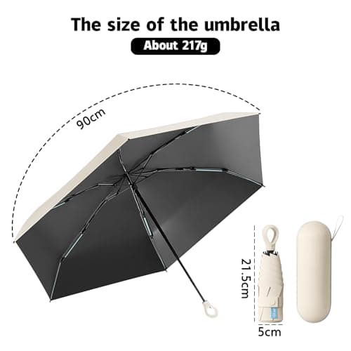 Detontek 6 Ribs Mini Travel Umbrella, Mini Folding Umbrella, Small Umbrella, Pocket Umbrella, Umbrella With Buckle Handle, Dual Purpose, With Storage Box (Beige) — view 2