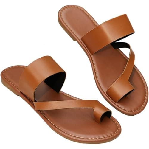 Flat Sandals for Women, Toe Loop Post Slip On Backless Ladies Mule Sandals, Summer PU Leather Beach Travel Daily Flip Flops, Valgus Bunion Foot Corrector(Brown,5 UK)