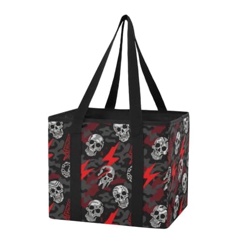 Car Trunk Organizer Reusable Grocery Bags Skull Lightning Camouflage Pattern Heavy Duty Foldable Tote Bags with Reinforced Bottom & Handles for Shopping Work Travel, 1 Pack