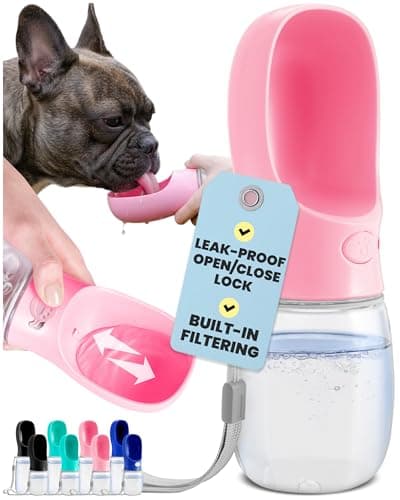 MalsiPree Dog Water Bottle with Bowl - Leak Proof Portable Puppy Water Dispenser with Drinking Feeder for Pets Outdoor Walking, Hiking, Travel, Food Grade Plastic (Pink, 350ml)
