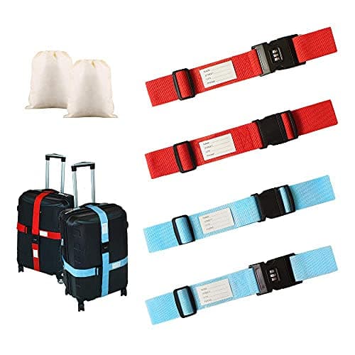 SnailGarden 4 Pack Adjustable Luggage Straps,Heavy Duty Luggage Straps for Suitcases with Password Lock /Name Tag Slot+ 2 Storage Bag for Identifying and Saving Luggage ,2 Color Travel Packing Belt