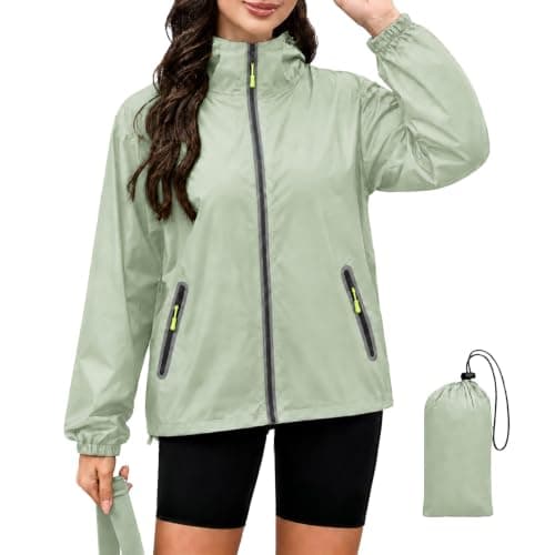 NWDEY Waterproof Jackets Women with Reflective Strips, Lightweight 300g Packable Raincoat for Ladies, Breathable Hooded Windbreaker Jacket for Hiking (UK, Alpha, XL, Regular, Regular, Sky Blue)