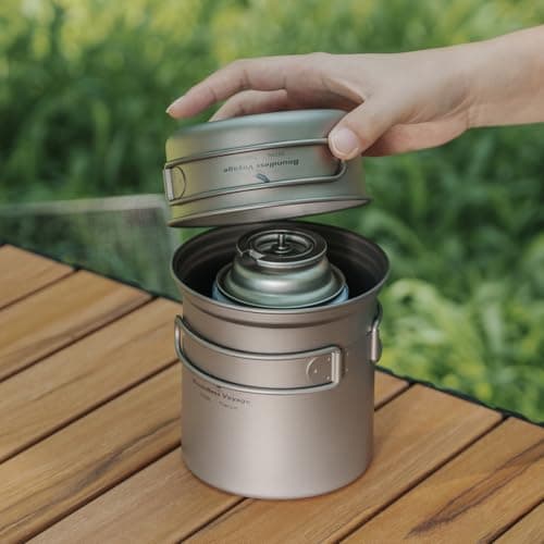 iBasingo Titanium Camping Cookset 750ml + 300ml Pot Pan Set with Folding Handle Lightweight Outdoor Cooking Mess Kit for Backpacking, Hiking & Travel Portable Compact Cookware Ti2037C — view 6