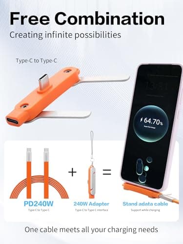 YACSEJAO 4.9FT Detachable 2-in-1 USB C Invisible Stand Charging Cable 240W 90 Degree USB C to USB C Flat Silicone Charger Cable Built-in Phone Stand for Gaming,Office,Car,Travel (Orange) — view 2