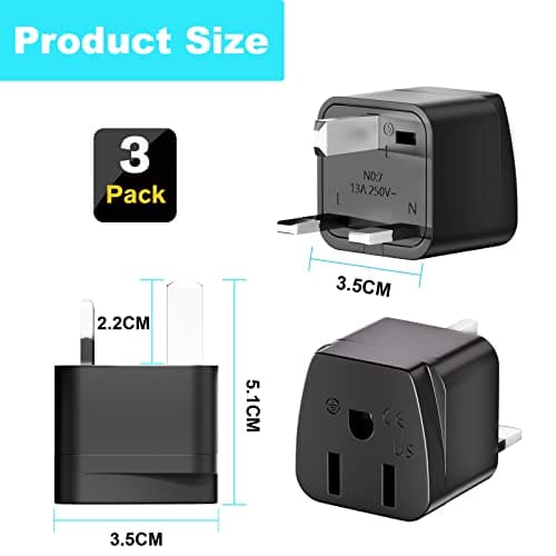 Plug Adapter 3 Pack, US to UK Travel Plug Adapter, HITRENDS Plug Adapter 3 Pin to 3 Pin UK plug Type G US to UK, Black — view 2