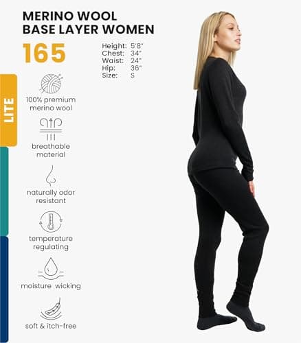 100% Merino Wool Base Layer Womens Set - Thermal Underwear Womens + Socks (Small, 165 Charcoal) — view 2