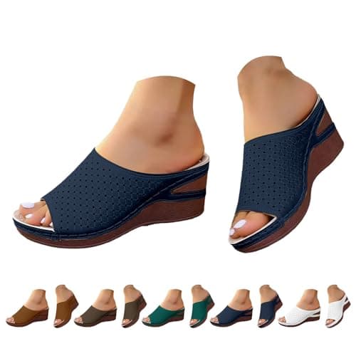 Uwdiohq Women'S Beach Slope Heel Slippers Hollow Casual Bottom Shoes Sandals Travel For Women (Blue, 5) Brown Flip Flops Womens Archers Ladies Pool Black Size 5 Orthopedic 3 Walking Uk Leather — view 2
