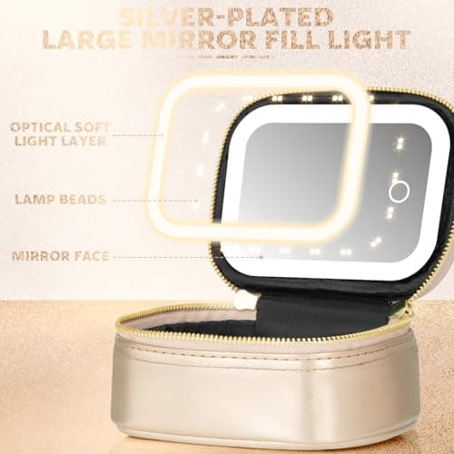 Extrei Gent Small Makeup Bag Travel Train Case with Mirror and Light Mini Travel Makeup Train Case Cosmetic Organizer 3 Adjustable Brightness Toiletry Bag Portable Artist Storage, Gold, Mini — view 4