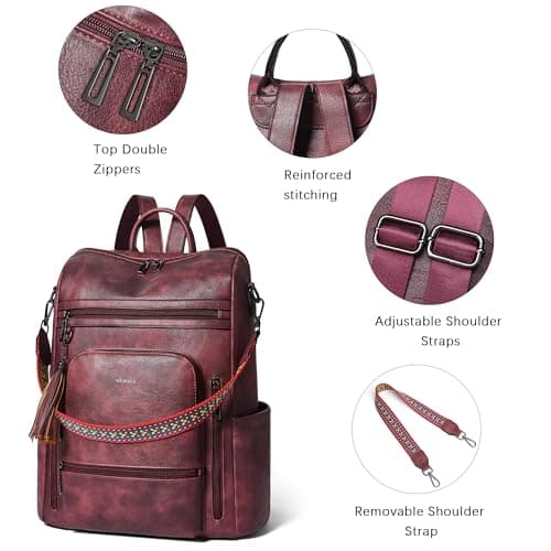 Shrrie Vegan Leather Laptop Backpack for Women 15.6 inch Work Backpack Fashion Travel Backpack Purse for Business College-Two-tone Maroon — view 6