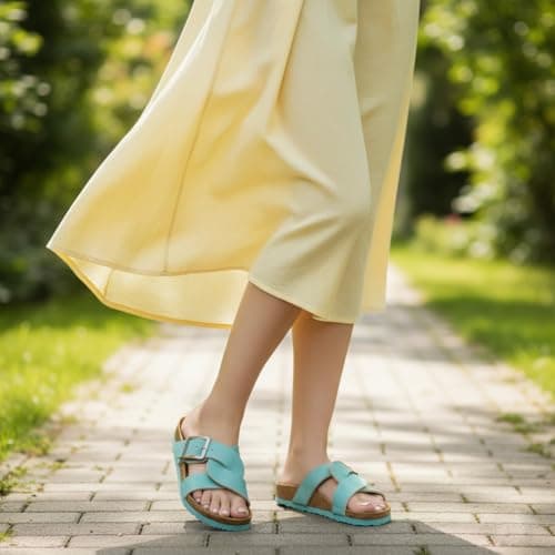 AEROTHOTIC Cork Recovery Slides for Women with Plantar Fasciitis Relief Comfortable Suede Footbed with Adjustable Buckle Cross Strappy Slip on Casual Travel Walking Beach Ladies Sandals, Kai Turquoise — view 6