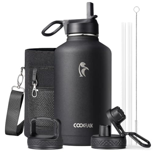Coolflask Water Bottle 2L Insulated with Straw & 3 Leakproof Lids