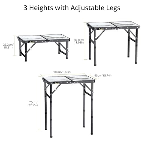 Anbte Folding Camping Table with Storage Net, 3 Adjustable Heights Aluminum Small Folding Table with Carry Handle, Lightweight, for Outdoor Indoor Travel Camping Picnic BBQ Beach, 58 cm x 40 cm — view 3