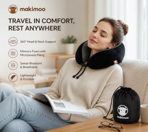Makimoo Memory Foam Travel Pillow, Neck Pillow with 360-Degree Head Support, Comfortable and Lightweight, Ideal for Sleeping on Airplane, Car, Train, Bus and Home Use, Comes with Storage Bag (Black) — view 6