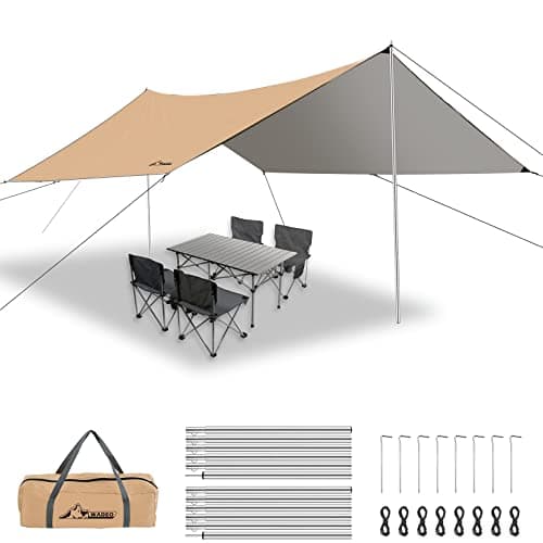 WADEO Camping Tarp Shelter with Poles, Waterproof Heavy Duty Bushcraft Tarp, Rain Fly Hammock Cover, Outdoor Shelter for Camping, Hiking, Festival (Khaki - 3x3.6m)