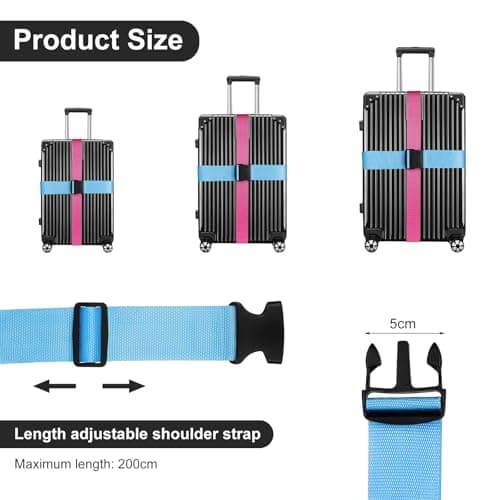 Kyrio 4 PCS Luggage Straps for Suitcases, Heavy Duty Luggage Straps, Adjustable Luggage Strap for Travel Bag Luggage（Light Blue, Fluorescent Green, Yellow, Enamel Red） — view 2