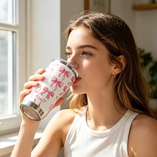 Bow Water Bottle, Stainless Steel Hot and Cold Water Bottle with Straw, Cute Thermos Travel Mug, Portable Coffee Cup for Office, Car, Bow Bottle Gift for Girls, Kids, Friends, 20 OZ — view 5