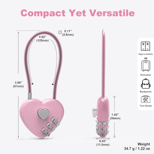 UP Security Small Combination Padlock Locker Lock Cable Lock with Code Pink Combination Lock for Luggage Suitcase Gym Locker Backpack Cabinet Box Fence Fence Security — view 3