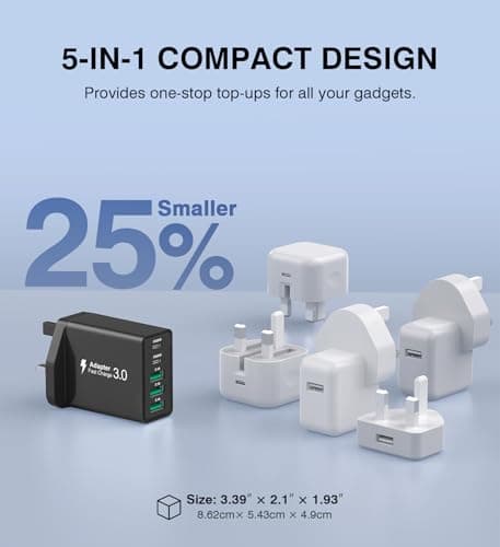 60W USB C Charger Block, 5-Port USB C Plug Fast Charger,2 Ports PD Power Adapter+3 Ports QC Mains Wall Charger,Multiport UK Type C Charging Plug for iPhone 17/16/15/14/13/12 Pro Max,iPad,Samsung-Black — view 5