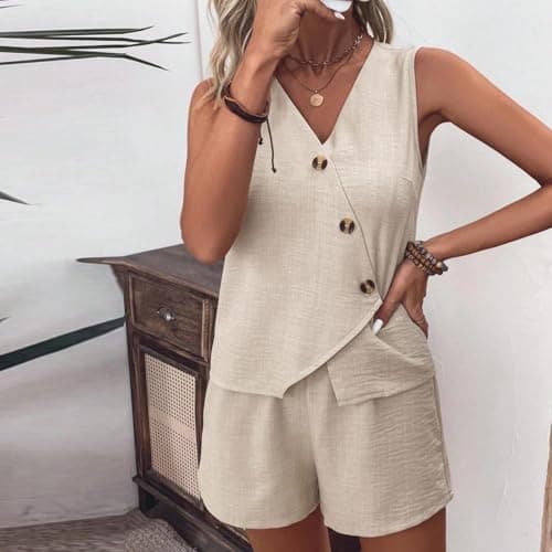NSICBMNO Beige Lounge Sets For Women Shorts Co Ord Sets Summer 2 Piece Outfits Sleeveless Waistcoat V Neck Vest Tops Wide Leg Shorts Casual Tracksuits Travel Airport Outfits For Office Work Beach — view 6