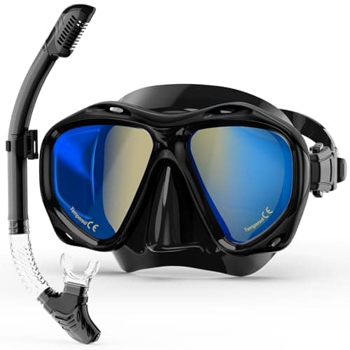 Snorkeling Gear for Adults, Snorkel Mask With Mirrored Tempered Glass Lens 180° Wide View Anti-Fog Scuba Diving Mask, Professional Snorkel Set for Swimming Diving (Black)