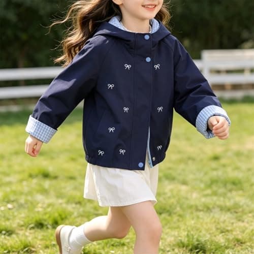 Waterproof Jacket Girls Bow Print Lightweight Jackets with Hood 2026 Windbreaker Rain Coat with Pockets Casual Long Sleeve Full Zip Raincoat Breathable Hiking Walking Coat (Navy, 4-5 Years) — view 2