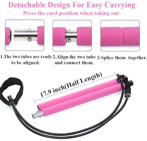 Portable Pilates Bar Kit with Exercise Resistance Band, Pilates Exercise Stick Yoga Fitness Bar with Foot Loop, Muscle Sculpt Leg Stretcher Home Gym Workout Equipment for Total Body Exercise (pink) — view 4