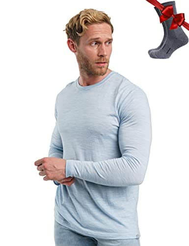 100% Merino Wool Base Layer Men - Long Sleeve Thermal Shirt + Hiking Socks (Large, 165 Arctic)