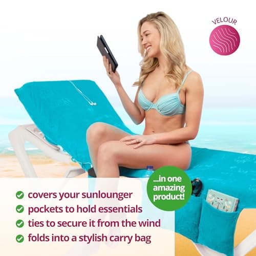 ITSA Velour Beach Towel with Pockets & Handles | 100% Cotton Foldable Sun Lounger Cover | Carry Bag | Secure Storage Beach Towel (Turquoise) — view 4