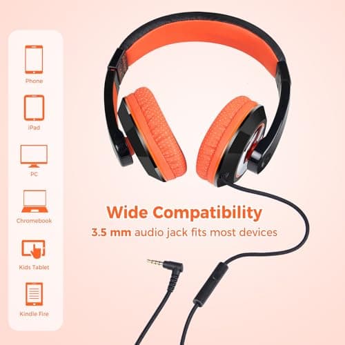 Rockpapa Comfort+ Kids Headphones, Over Ear Wired Headphones for Kids Children Adult with Microphone, Stereo Sound, Adjustable Head phones for School/Travel/Phone/PC/MP3-Black Orange — view 4
