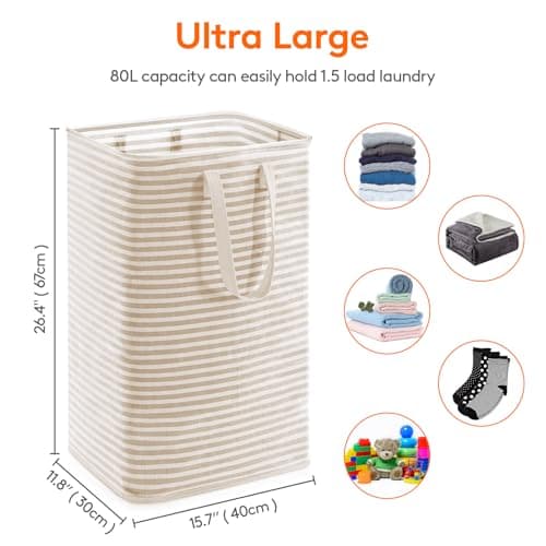 Lifewit 80L Collapsible Laundry Basket with Extended Handles, Beige — view 3