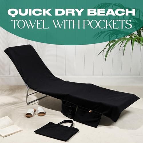 Brentfords Sun Lounger Towels with Pockets, Large Beach Towel in a Bag Sun Lounger Holiday Accessories Swimming Poolside Summer Essentials Sunbed Towel, Black - 215cm x 75cm — view 2