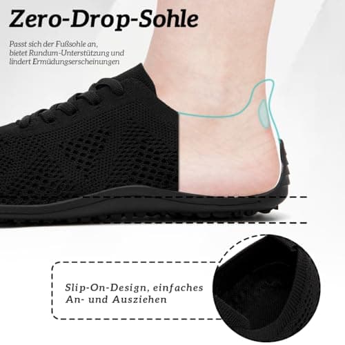 UROMGV Barefoot Shoes for Women Walking and Sports Shoes with Zero Drop Sole Running Shoes Casual Slippers Breathable Soft Fashionable Slippers, All black, 8 UK — view 2