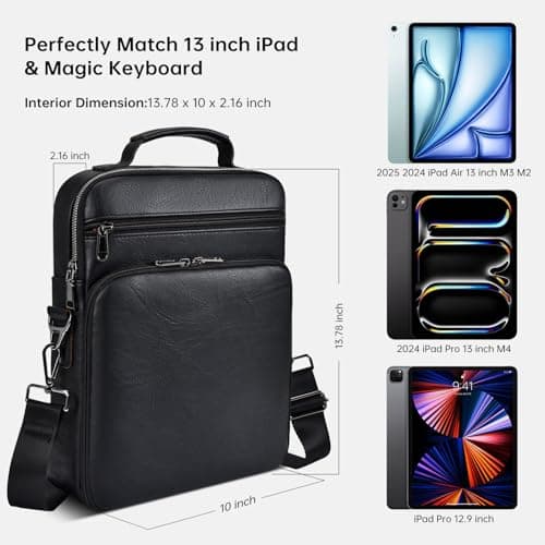 12.9-13 Inch iPad Leather Bag for 2026 2025 13 inch iPad Pro M4 & iPad Air M4 M3 with Magic Keyboard, iPad Pro 12.9, Travel Shoulder Carrying Sleeve Case Handle Bag, Black — view 2